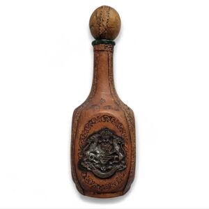Vintage Italian Leather Covered Decanter Latin Motto Dark Academia Decor